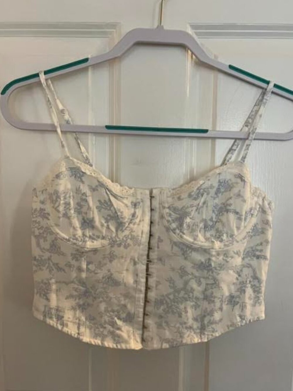 Women/girls short bustier shirt, blue and white, spaghetti straps
